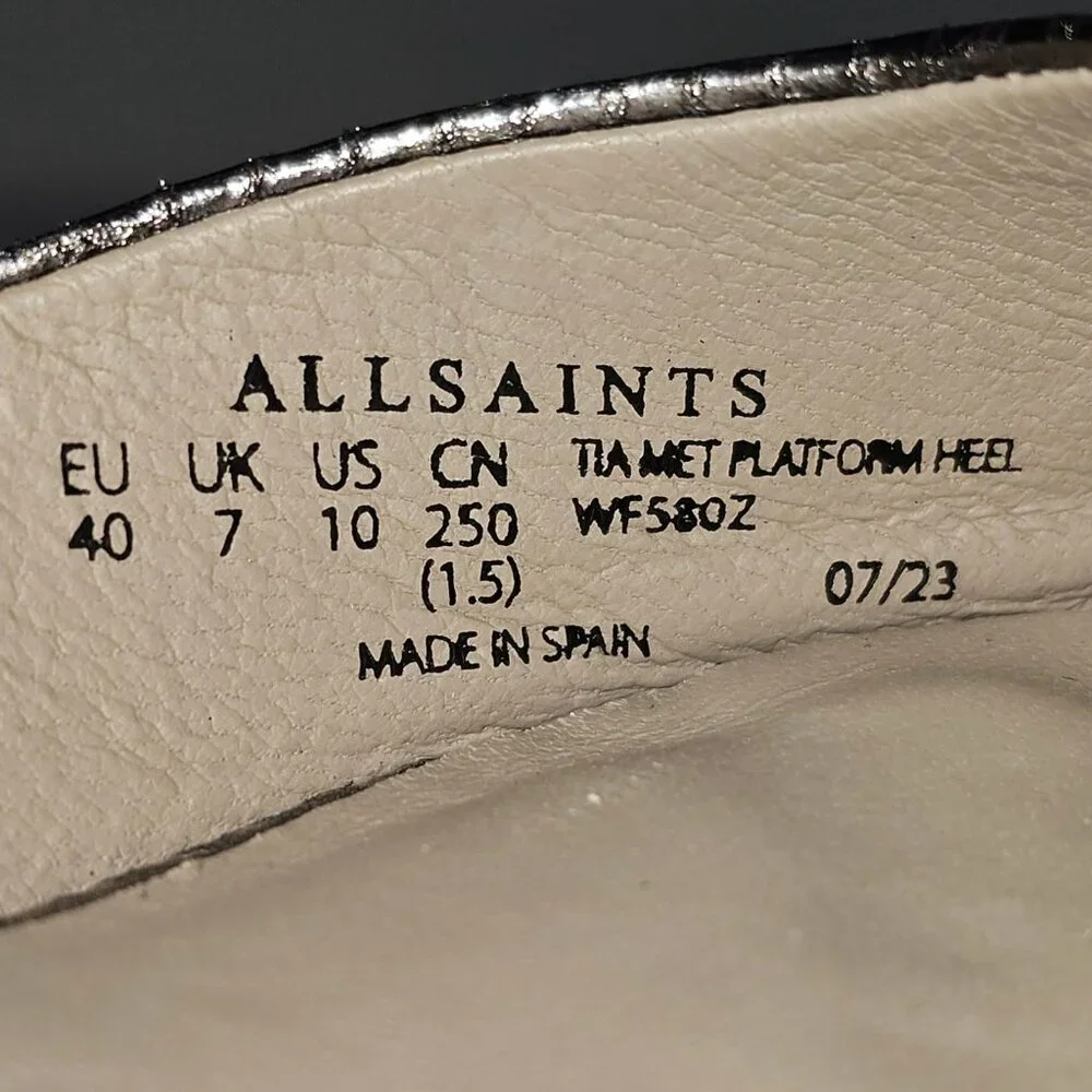 AllSaints Tia Platform Heel Sandal Womens 10 Metallic Bronze Gold Gray Embossed - Picture 16 of 16